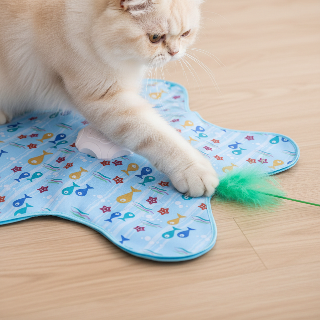 Chat avec tapis étoile poissons