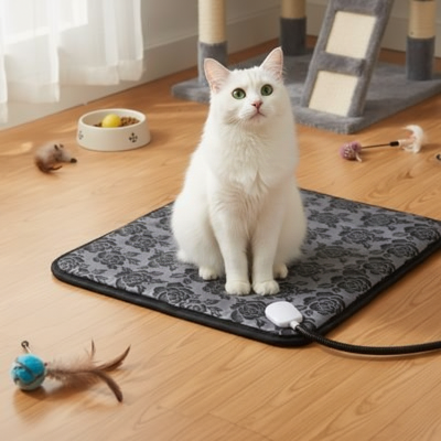 Chat blanc assis sur tapis pour chat chauffant