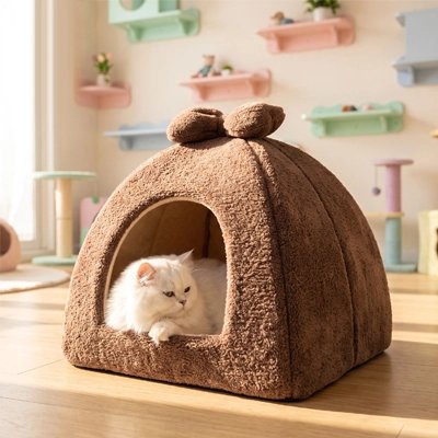 chat blanc couché dans Niche pour Chat marron salle jeux