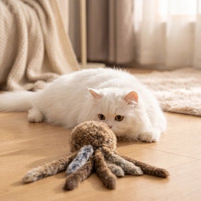 chat blanc couché regarde Jeu pour Chat posé devant lui