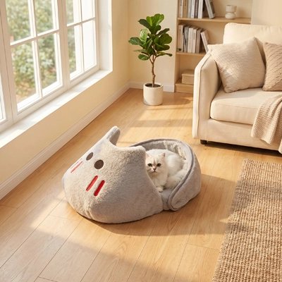 chat blanc dans Panier Chat posé devant baie vitrée