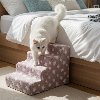 chat blanc descend lit Escalier pour chat 4 marches rose