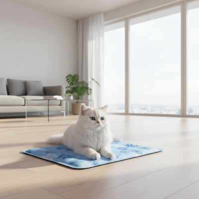 Chat blanc sur tapis rafraîchissant chat flocons bleu clair