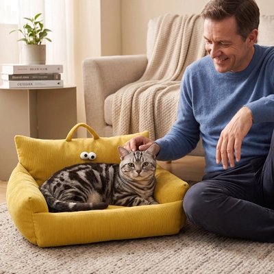 chat couché dans Canapé pour chat et homme le caresse