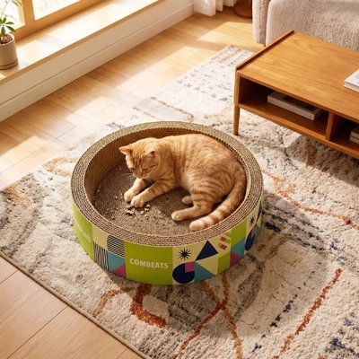 chat couché dans Griffoir Chat carton et fais ses griffes