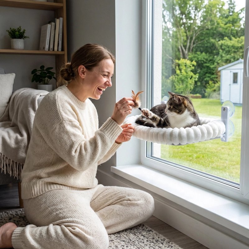 chat couché dans Hamac pour Chat blanc femme joue 