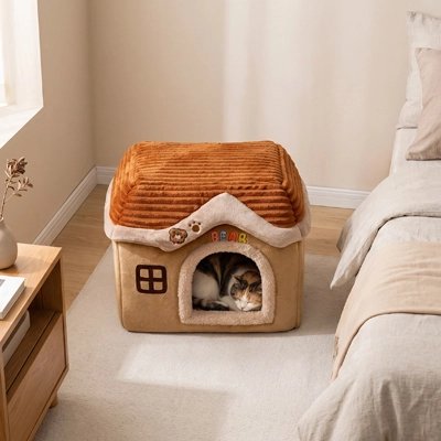 chat couché dans Maison pour chat marron dans chambre