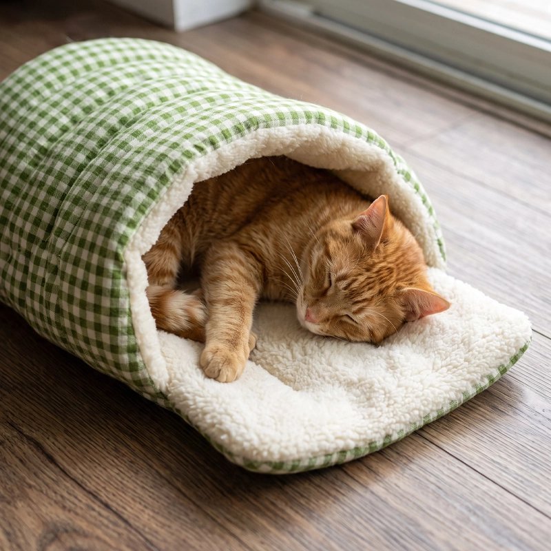 chat couché dans Panier pour Chat vert vichy au sol