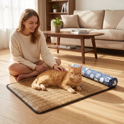 chat couché Tapis rafraichissant Chat et femme assise le caresse