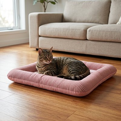  chat couché Tapis rafraichissant Chat rose devant canapé