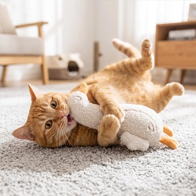 chat couché tien Jeu pour Chat canard entre ses pattes 