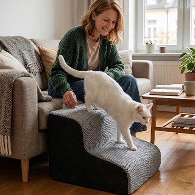 chat descend canape par Escalier pour chat femme le regarde 