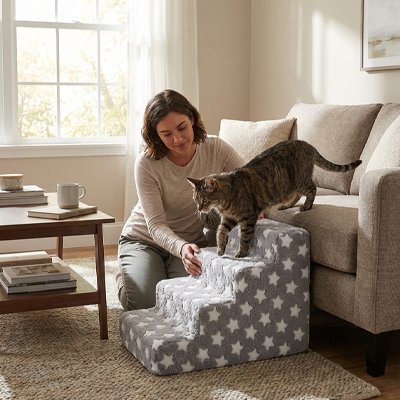  chat descend canapé par Escalier pour chat femme l'aide