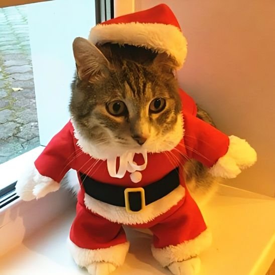 chat devant fenêtre avec Déguisement pour chat Père Noël