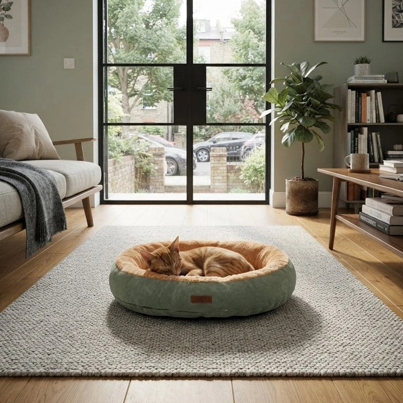 chat dort sur Coussin à Chat ovale devant baie vitrée 