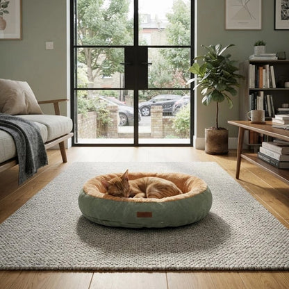 chat dort sur Coussin à Chat ovale devant baie vitrée 