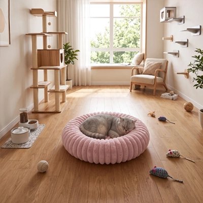 chat dort sur Coussin pour Chat dans salle de jeux