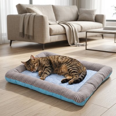 chat dort sur Tapis rafraichissant Chat bleu dans salon