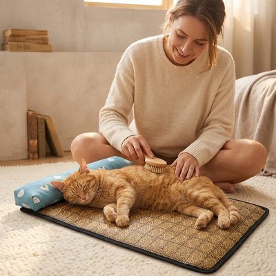 chat dort Tapis rafraichissant Chat et femme le brosse 