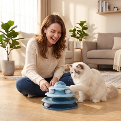 chat et femme joue avec Jouet pour Chat bleu
