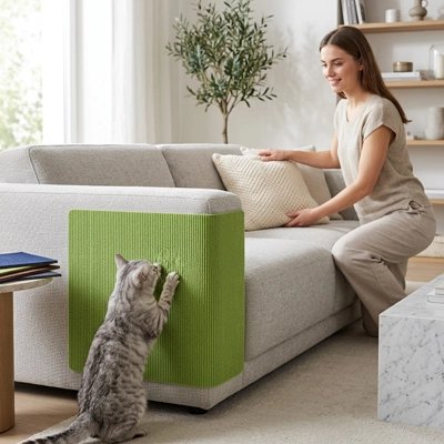 chat fait griffes sur Protection canapé Chat vert femme sourie 