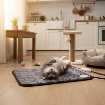 Chat gris sur le dos sur tapis pour chat chauffant