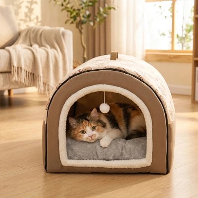 chat installé dans Maison pour chat dans salon 