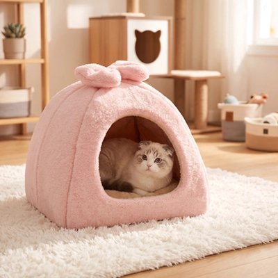 chat installé dans Maison pour chat posée sur tapis blanc 