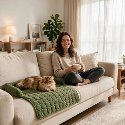 chat installé sur Protection canapé Chat femme assise sur canapé