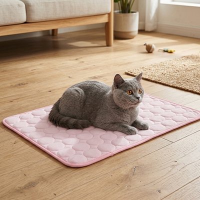 chat installé sur Tapis rafraichissant Chat rose