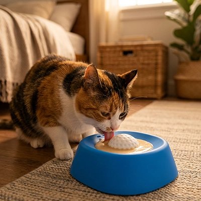 chat isabelle lèche Gamelle anti glouton Chat bleue dans chambre