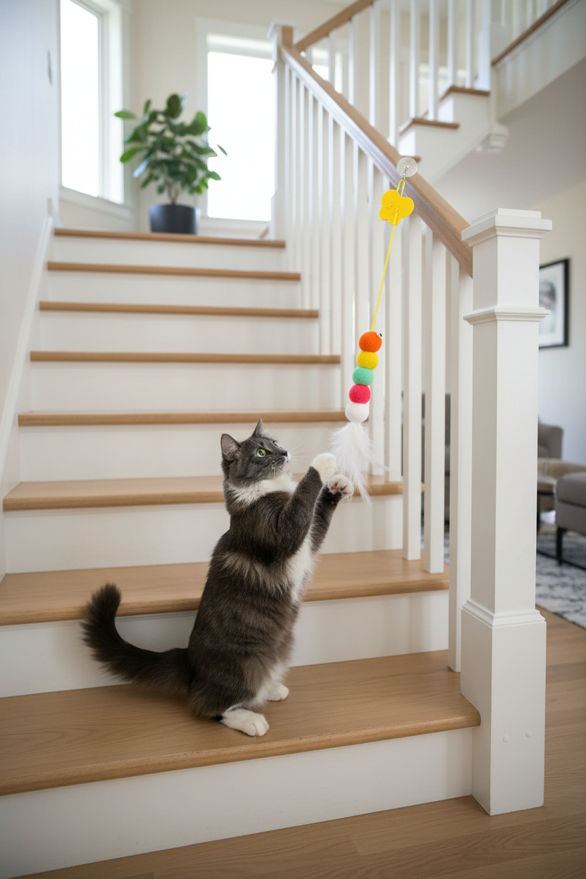 Chat jouant avec JumpPaw plumes sur escalier 1