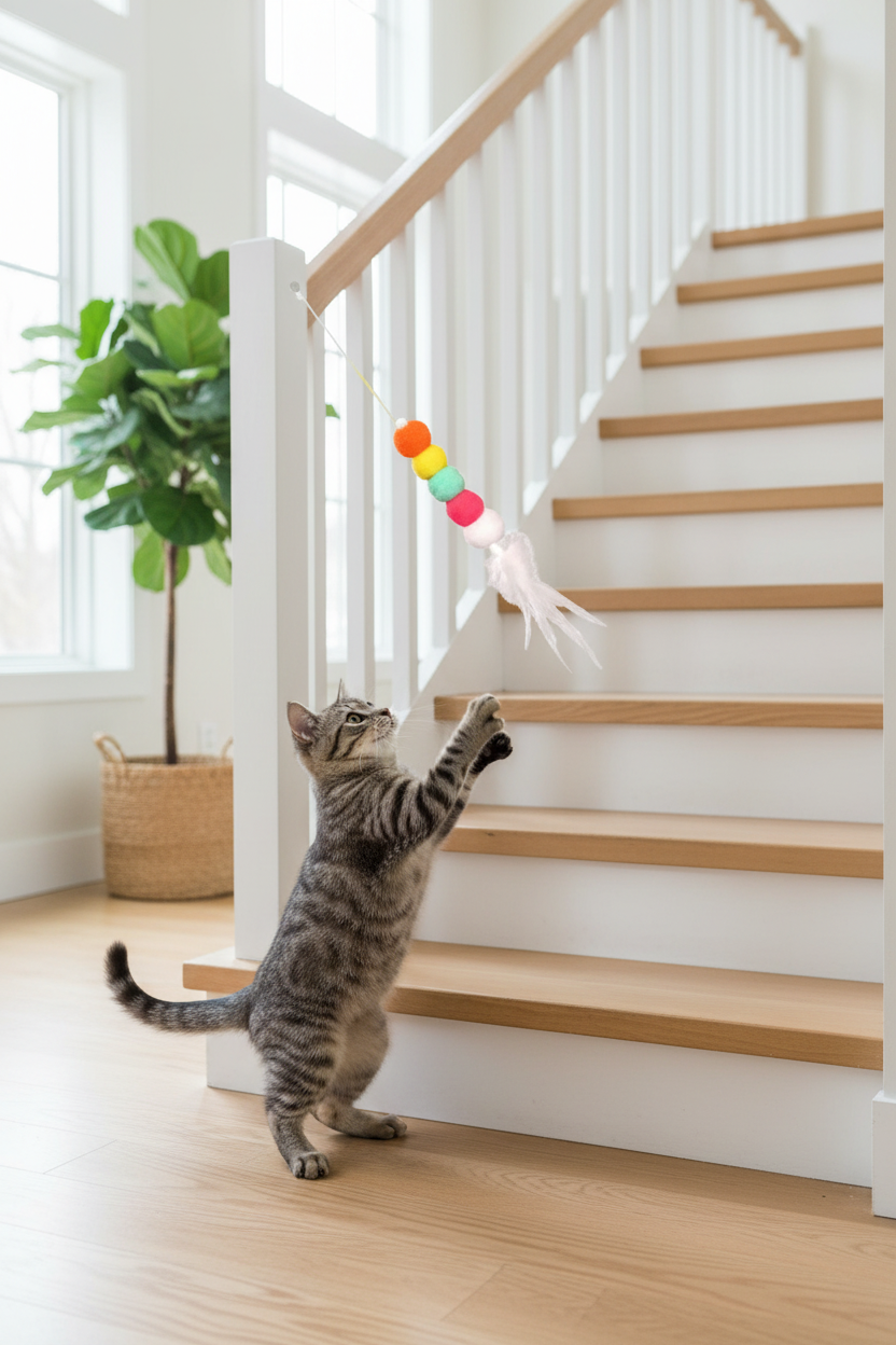 Chat jouant avec JumpPaw plumes sur escalier 2