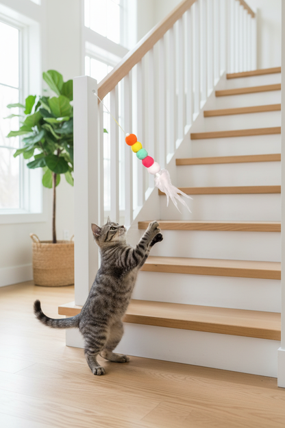 Chat jouant avec JumpPaw plumes sur escalier 2