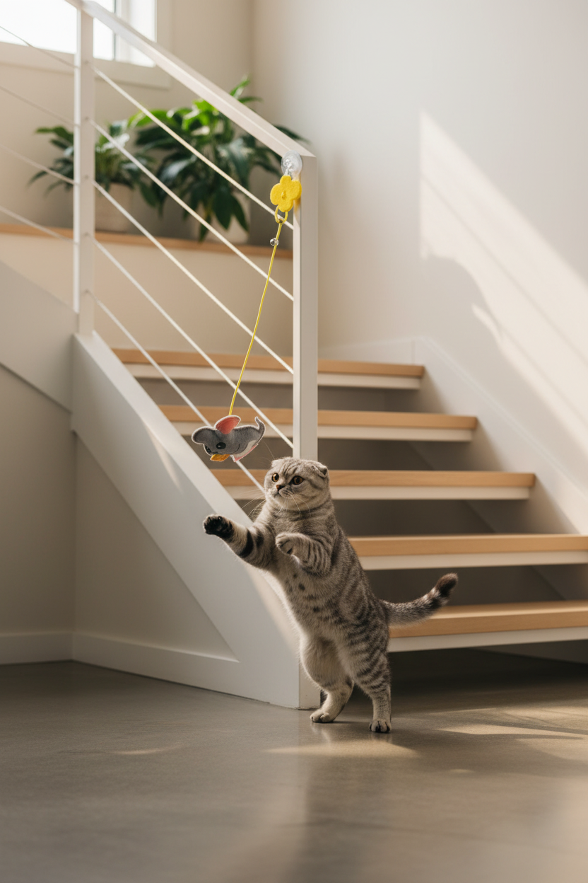 Chat jouant avec JumpPaw sur escalier 3