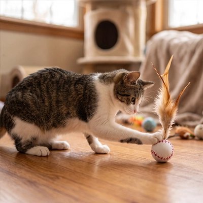 chat joue avec Balle pour chat baseball et ses plumes