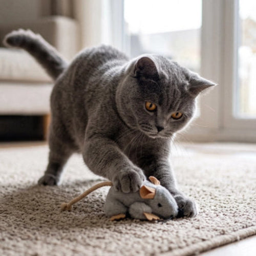  chat joue avec Jouet Chat souris grise dans salon