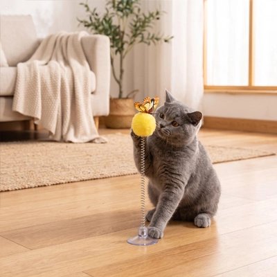 chat joue avec Jouet pour Chat jaune au salon