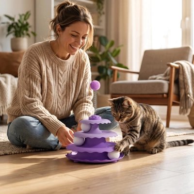  chat joue avec Jouet pour Chat violet femme assise regarde