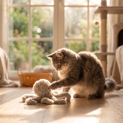 chat joue avec son Jouet Chat dans le salon