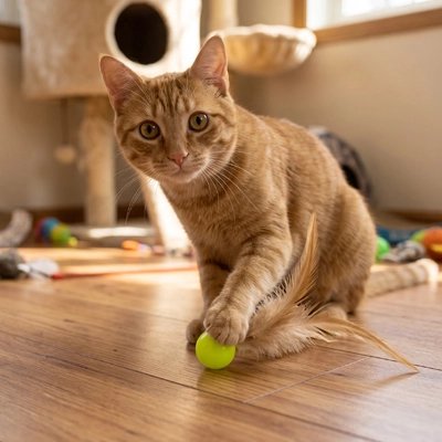 chat joue Balle chat jaune dans salle de jeux