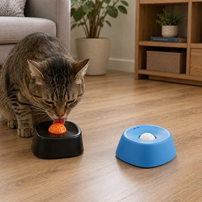 chat lèche Gamelle anti glouton Chat noire une bleue côté