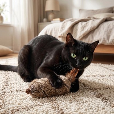 chat noir attaque Jouet Chat devant le canapé