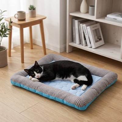 chat noir et blanc couché Tapis rafraichissant Chat salon