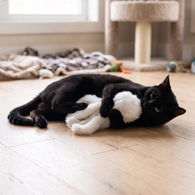chat noir fait un calin à Jouet Chat sur sol