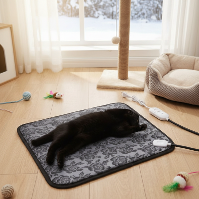 Chat noir qui s'étire sur tapis pour chat chauffant