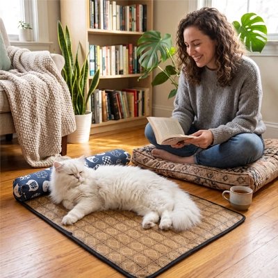 chat persan sur Tapis rafraichissant Chat femme assise lit livre