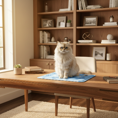 Chat persan sur tapis rafraîchissant chat flocons bureau