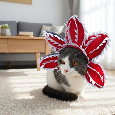 chat porte Déguisement pour Chat  plante carnivore dans salon