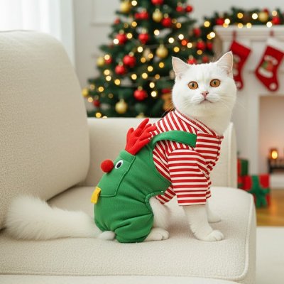 chat porte Déguisement pour chat pull et pantalon sur canapé